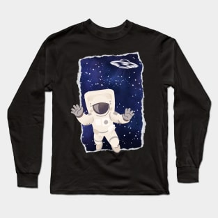 Floating astronaut Ufo alien abduction funny cute spaceship moon mars cosmic space Long Sleeve T-Shirt